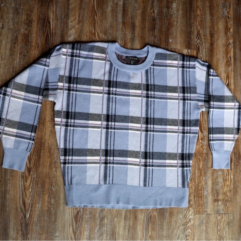 Tahari Womens Quiet Luxury Plaid Sweater Long Sleeve Top Soft Knit Pullover XL